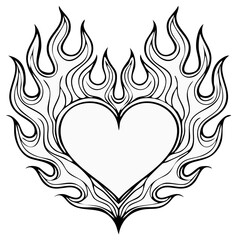 Burning Heart Illustration with Flame Motif in Black and White Outline Style