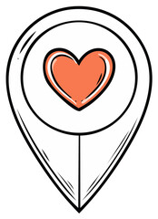 Hand-drawn location pin icon with a vibrant heart inside, symbolizing favorite places and love for travel
