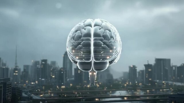 A glowing brain-shaped circuit board hovering above a futuristic city skyline.