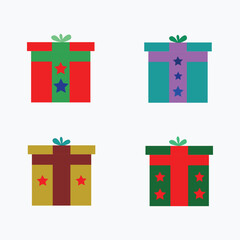 Four colorful gift boxes with ribbons and stars