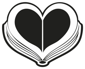 Stylized open book forms a beautiful heart shape monochrome vector graphic symbolizing love for reading and stories