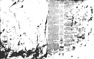 Old newspaper grunge overlay texture with worn distressed print, dust particles and vintage retro background layer.