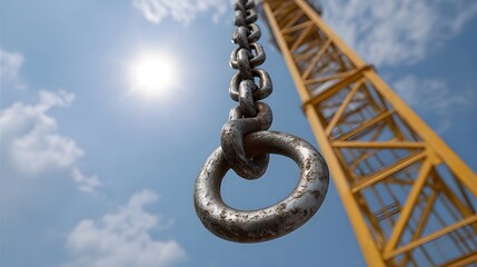 A heavy metal chain and ring hang against a bright sun and blue sky with a construction crane