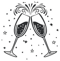 Sparkling Celebration: Two Toasting Champagne Flutes with Celebration Stars and Swirls