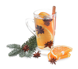 Delicious mulled wine with slices of orange, spices and fir branches isolated on white