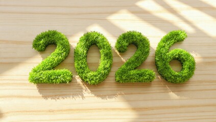 2026 eco-friendly concept made of vibrant green moss and natural grass texture, displayed on a bright pine wood surface with sunlit diagonal shadows, symbolizing sustainable future and new beginnings.