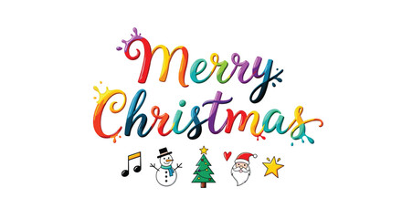 Vibrant and colorful Merry Christmas handwritten lettering with festive holiday doodles for a cheerful greeting card design.