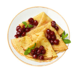 Delicious crepes served with cherry jam isolated on white, top view