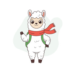 Naklejka premium Cute cartoon llama wearing a red scarf and backpack standing with a friendly pose on a light background