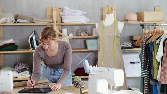 Female dressmaker working on digital sketch of dress in workshop