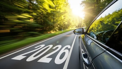 A dynamic, low-angle shot from the passenger side of a car driving on a sun-drenched, tree-lined road. The year "2026" is prominently painted in large, white numerals on the asphalt
