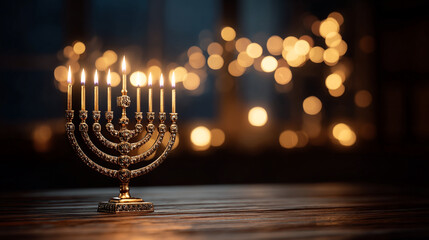 Menorah stands on table with candles lit during a festive evening gathering in a warm and cozy setting