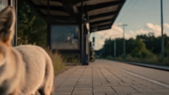 A fox stands on a quiet station platform, gazing at the camera as the tracks stretch into the distance.