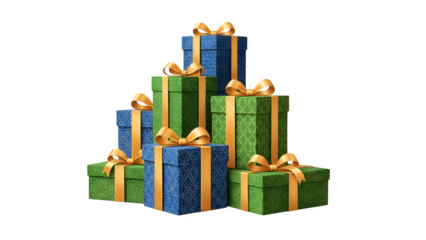 Stack of colorful gift boxes with gold ribbons isolated on transparent background