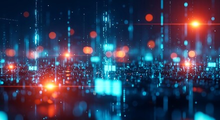 Abstract digital data flow visualization with glowing blue and orange light particles representing technology, network, and big data in a futuristic city scape