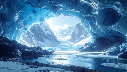 Icy blue cave opening onto snowy mountains and glacier, with a stream flowing from it under bright sky