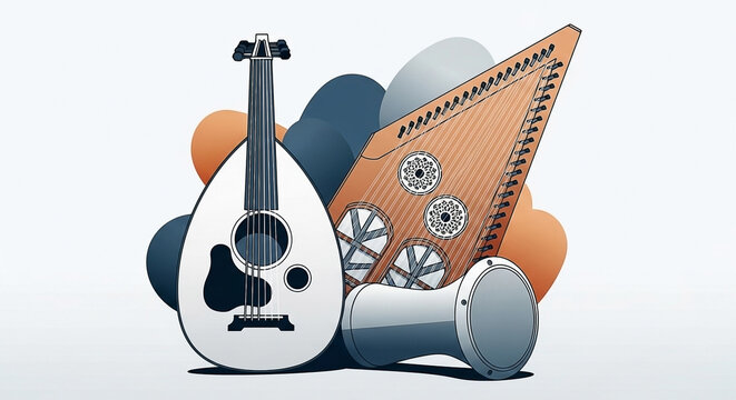 A vibrant illustration showcasing a collection of traditional middle eastern musical instruments,