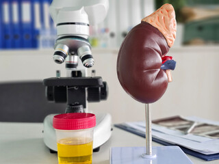 Model of a kidney next to a microscope and urine sample on a table in a laboratory