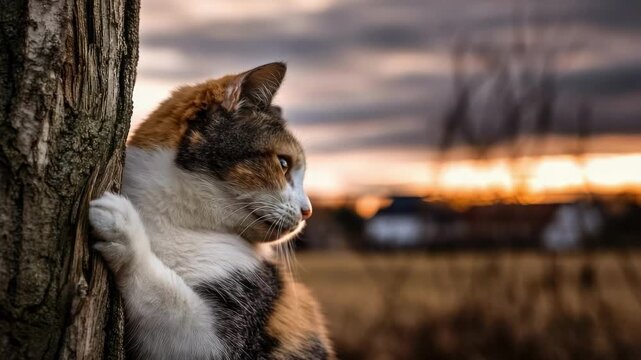 A calico cat clinging to a tree trunk at sunset, gazing into the distance.