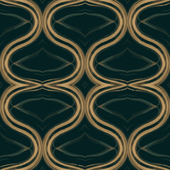An elegant and sophisticated seamless pattern featuring flowing golden-brown wavy lines against a deep teal background, perfect for luxurious design projects and textile applications.