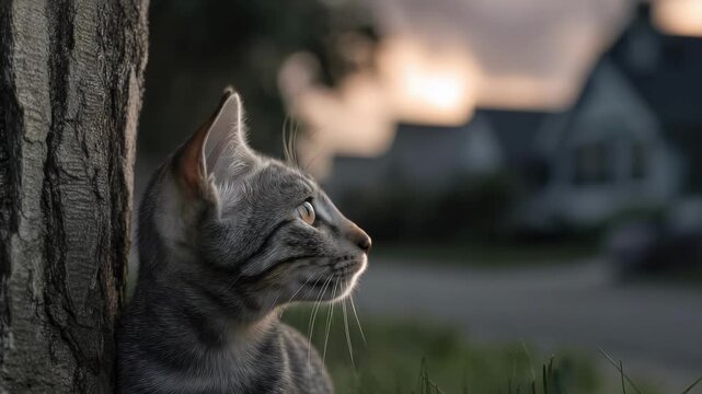 Gray tabby kitten leaning against a tree, gazing upward.