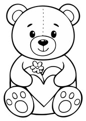 Obraz premium Cute cartoon teddy bear holding a heart and flower outline drawing for children's coloring page activity