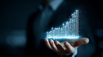 The investment advisor shows the portfolio hologram to the investor, the chart shows a prominent upward trend.