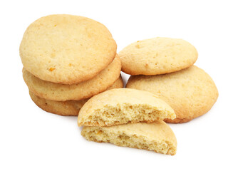 Many tasty lemon cookies isolated on white