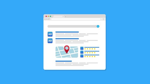 Local SEO optimization, SEO for local business, Business listing on search engine result page. Search with AEO, answer engine optimization with intelligent algorithm. 4k Animation