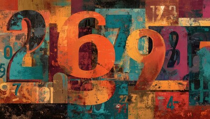 Abstract composition of layered numbers in various sizes and colors against a textured background