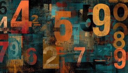 Abstract composition featuring overlapping numbers in various sizes and colors on a grunge background