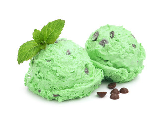 Balls of mint chocolate chip ice cream with leaves isolated on white