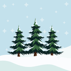 Illustration of three snow-covered evergreen trees in a peaceful winter landscape with falling snowflakes.