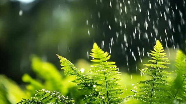 Rain falling on vibrant green ferns creating a refreshing outdoor scene