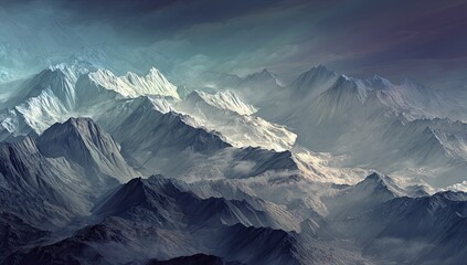 A detailed landscape showcasing a majestic mountain range enveloped in atmospheric perspective