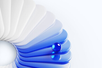 Abstract geometric 3d background with white blue gradient layer effect and glass sphere. Elegant wave plastic shapes, smooth texture with crystal glossy ball. Futuristic minimalist. 3D illustration