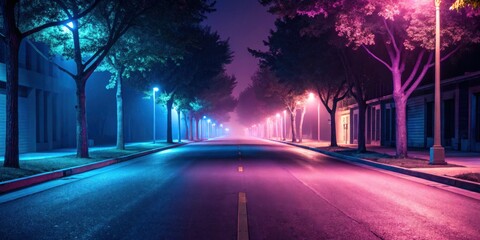 Conceptual loneliness in big cities. Empty streets and dreamlike urban concept. Mysterious night street illuminated by colorful lights and lined with trees.