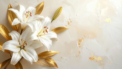 A floral arrangement of blooming white lilies with golden leaves on a light neutral background, showcasing elegance, contrast, and decorative beauty in a refined, celebratory composition.