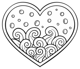 Heart-shaped frame with stylized waves and bubbles