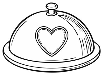 Obraz premium Black and white line drawing of a food cloche with a heart symbol for a romantic dinner