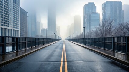 Conceptual loneliness in big cities. Empty streets and dreamlike urban concept. A serene cityscape featuring a foggy road with skyscrapers in the background.