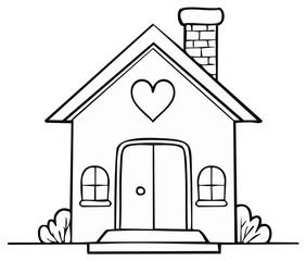 Cute cartoon house with a heart symbol coloring page line art illustration