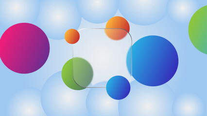 Colorful gradient bubble background with central glass frame for modern design
