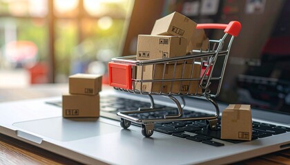 A miniature shopping cart filled with small cardboard boxes sits atop a laptop keyboard, surrounded by scattered parcels, symbolizing e-commerce, digital retail, and online product fulfillment.