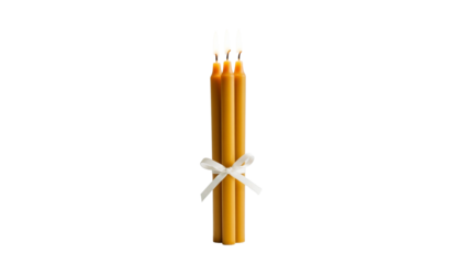 Triple Orthodox candle bundle tied with thin white ribbon, Theophany symbolism, on a white background