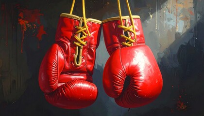 Three red boxing gloves hang by yellow ropes against a dark cloudy background, their glossy texture and tight grouping evoking competitive spirit, strength, and the intensity of physical training.