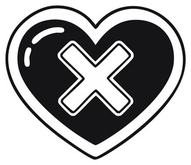 Black heart with white cross mark symbol, graphic icon, symbol of rejection or error