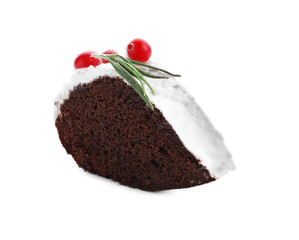 Piece of tasty Christmas cake with cranberries and rosemary isolated on white