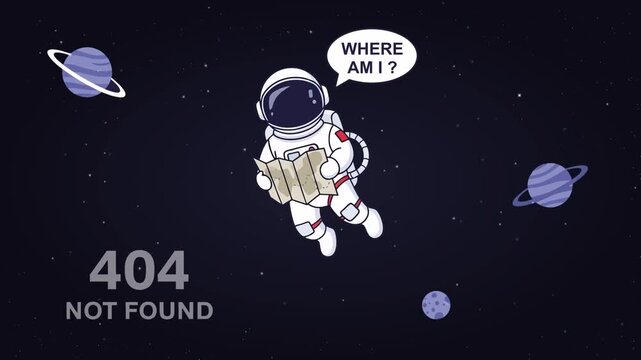 A cartoon astronaut lost in deep space with planets and a "404 Not Found" error message.