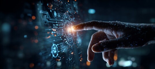 A hand is pointing at a glowing circuit board